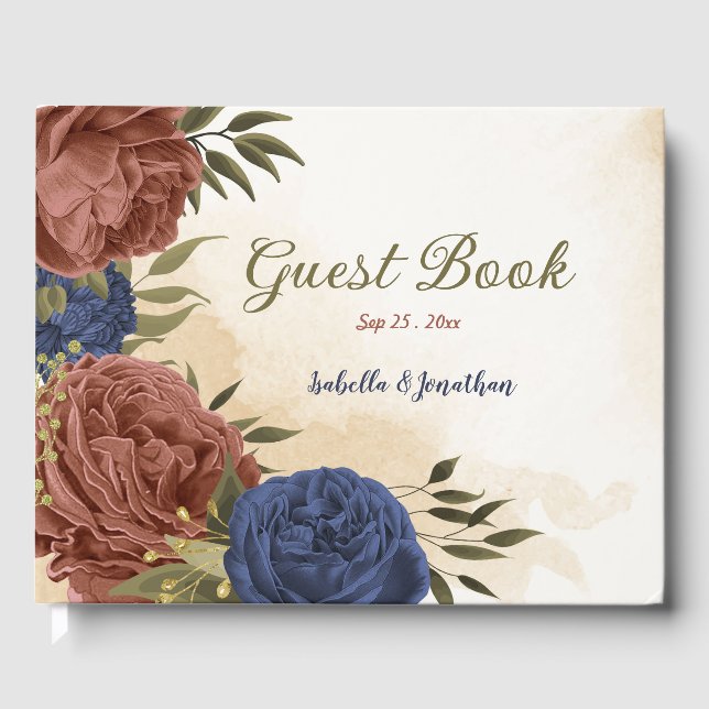 Libro De Visitas boda floral azul marino de terracota (Anverso)