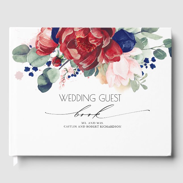 Libro De Visitas Boda floral azul marino y rojo borgoña (Anverso)