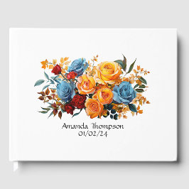 Libro De Visitas Boda floral azul, Naranja, amarillo y rojo