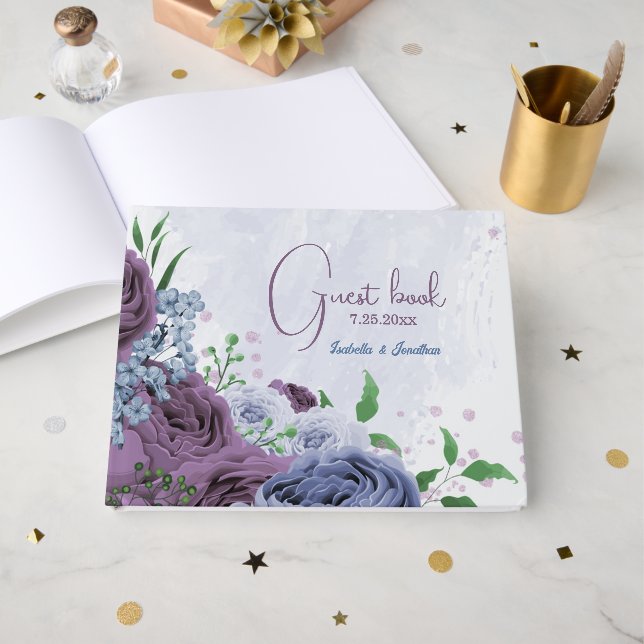 Libro De Visitas Boda floral azul polvoriento morado (Anverso Abierto)