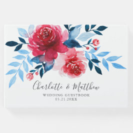Libro De Visitas Boda floral azul rojo acuarela moderna