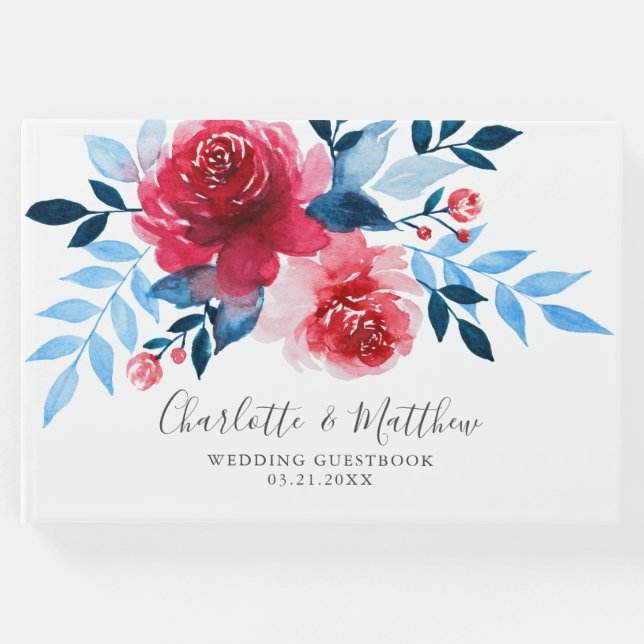 Libro De Visitas Boda floral azul rojo acuarela moderna (Anverso)