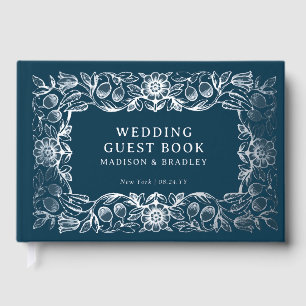 Libro De Visitas Boda Floral Azul Vintage con Hojalata Plateada