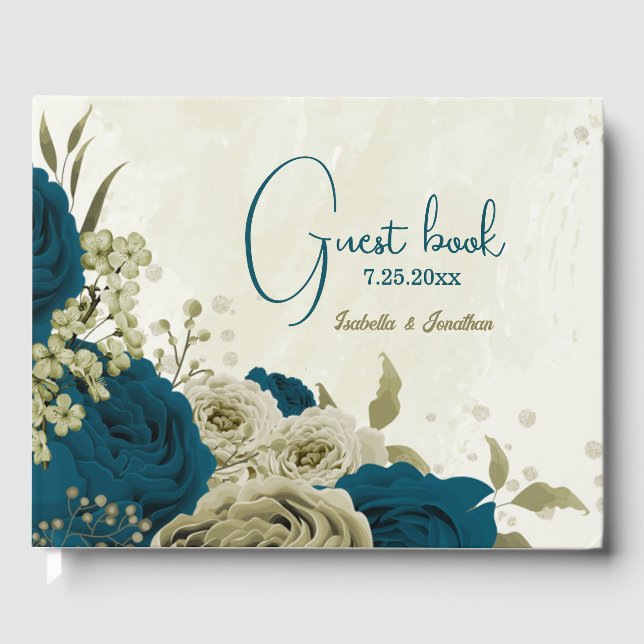 Libro De Visitas boda floral beige azul verde azulado (Anverso)