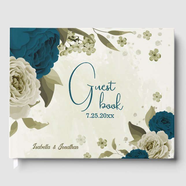 Libro De Visitas boda floral beige azul verde azulado (Anverso)