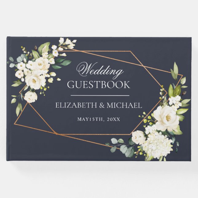 Libro De Visitas Boda floral blanca geométrica de cobre (Anverso)