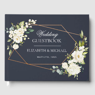 Libro De Visitas Boda floral blanca geométrica de cobre