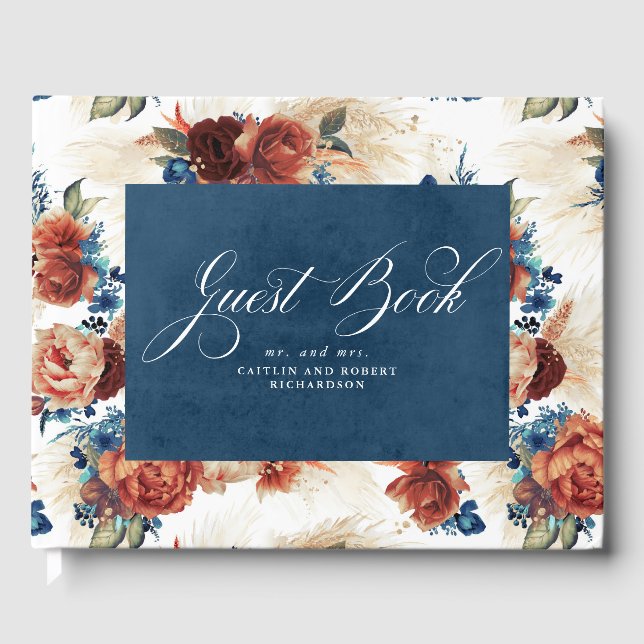 Libro De Visitas Boda Floral Boho Boho de Navy Blue Terracotta (Anverso)