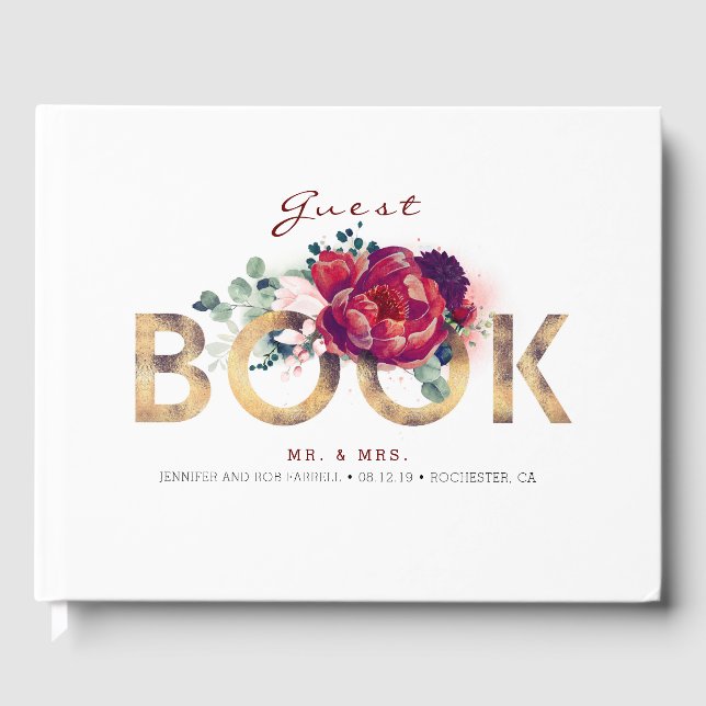 Libro De Visitas Boda floral borgoñona y roja y dorada (Anverso)