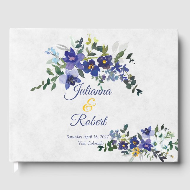 Libro De Visitas Boda floral de acuarela azul y amarillo (Anverso)