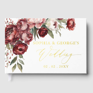 Libro De Visitas Boda floral de aguarela con toque de burdeos y rub