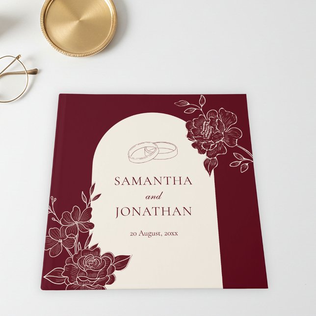Libro De Visitas Boda Floral de Borgoña Profundo con Arco de Marfil (Deep Burgundy Floral Line Art with Ivory Arch Wedding Guest Book)