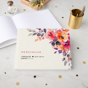 Libro De Visitas Boda floral de color acuático rosa brillante en ne