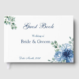 Libro De Visitas Boda floral de color azul polvoriento y acuarela b