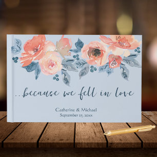Libro De Visitas Boda floral de color azul y coral rosado oscuro