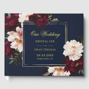 Libro De Visitas Boda floral de color burgundy oscuro y azul marino