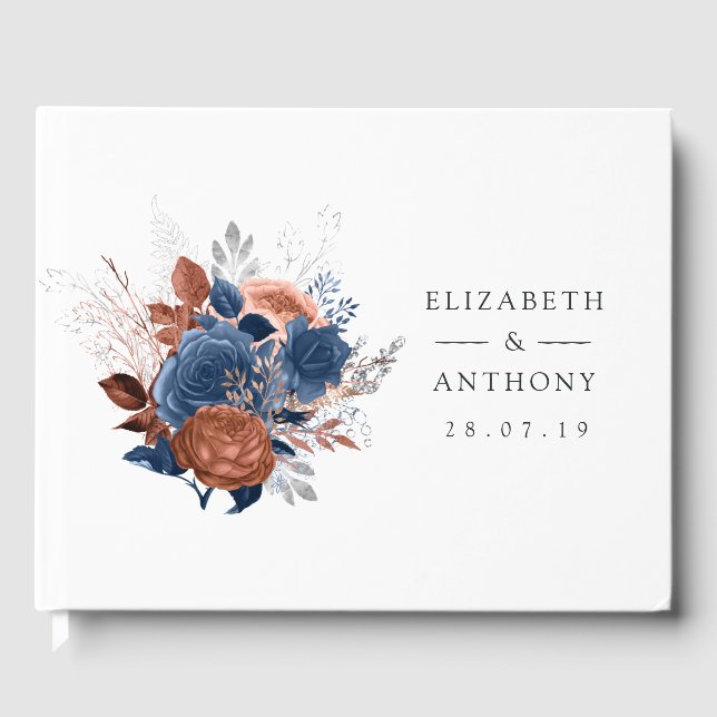 Libro De Visitas Boda floral de coral, marina y plata (Anverso)