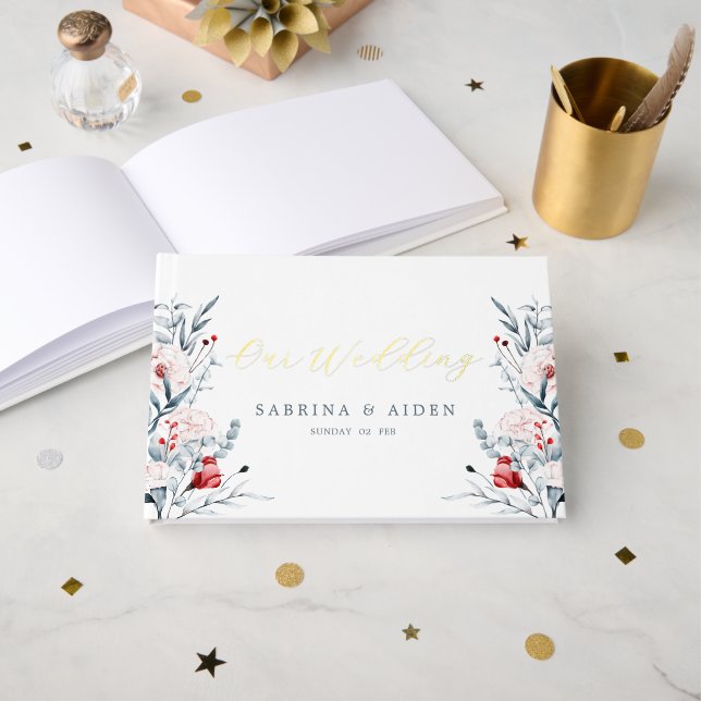 Libro De Visitas Boda Floral De Flor Rojo Y Azul (Anverso Abierto)