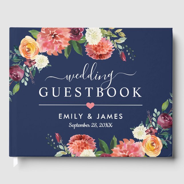 Libro De Visitas Boda floral de la Marina Rustic Rubor Burgundy Fal (Anverso)