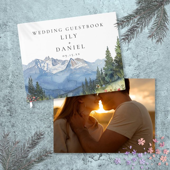 Libro De Visitas Boda floral de la montaña acuarela moderna (Modern Watercolor Mountain Floral Wedding Photo Guest Book)