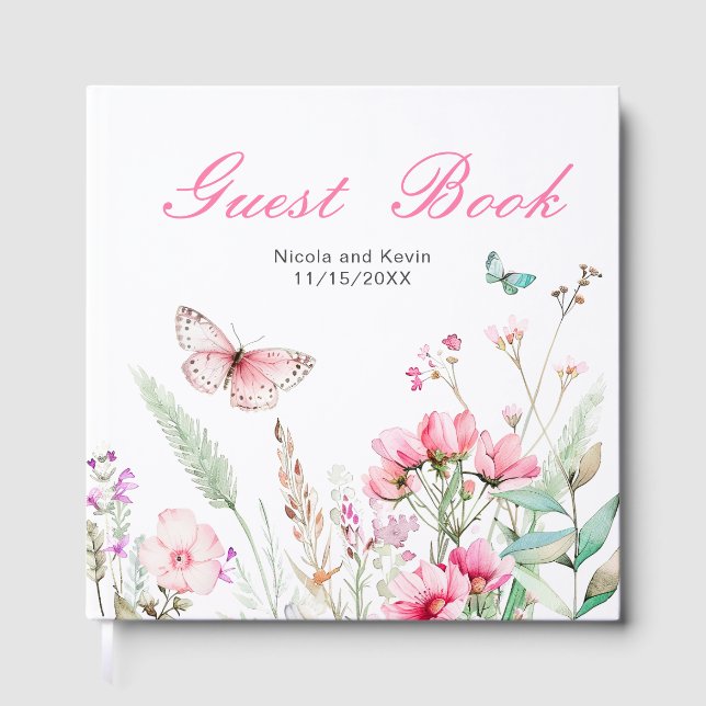 Libro De Visitas Boda floral de mariposa rosa de primavera (Anverso)