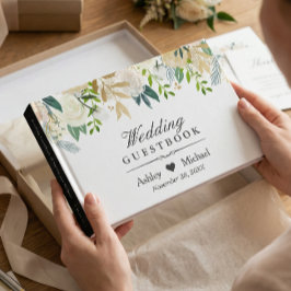 Libro De Visitas Boda floral de oro blanco acuarela