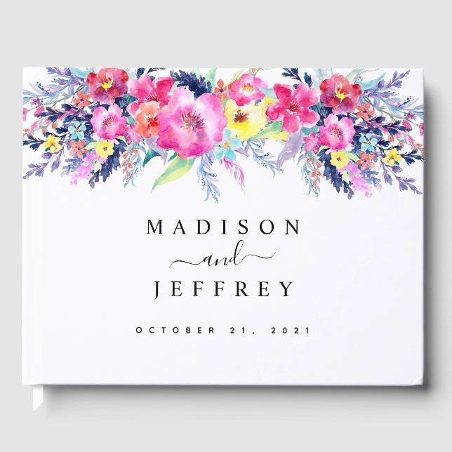 Libro De Visitas Boda floral de primavera amarilla y rosa caliente (Anverso)