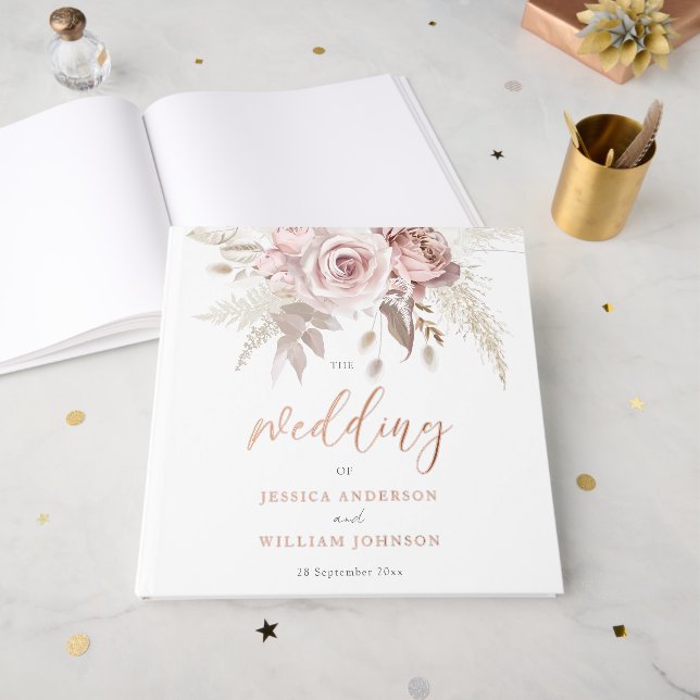 Libro De Visitas Boda floral divino Rosa Gold Rubor (Anverso Abierto)