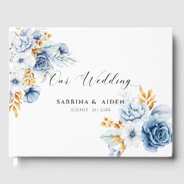 Libro De Visitas Boda Floral Dusty Blue White Gold