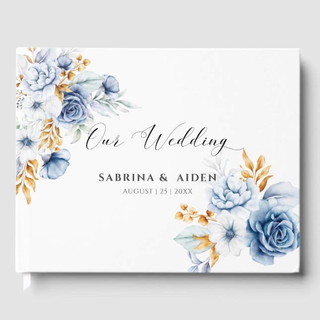 Libro De Visitas Boda Floral Dusty Blue White Gold (Anverso)