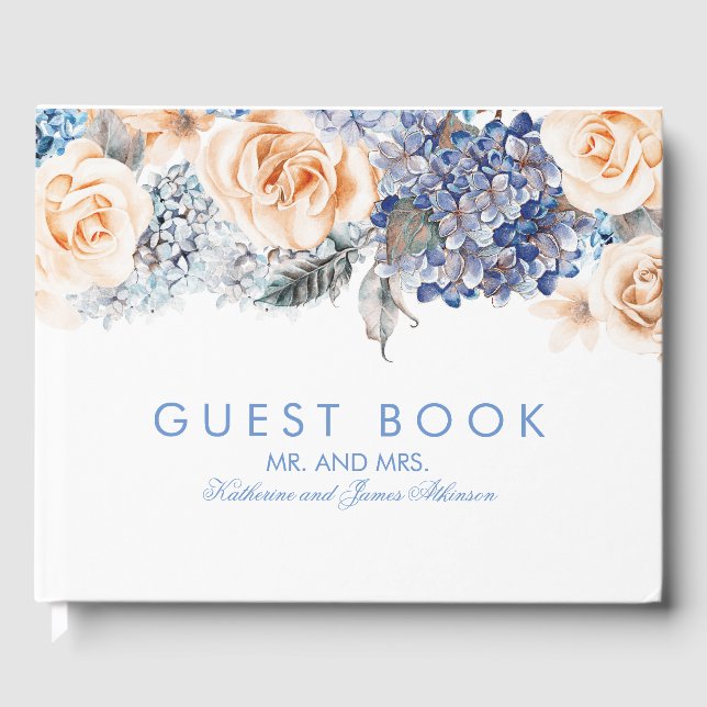 Libro De Visitas Boda Floral Elegante Azul y Peach (Anverso)