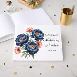 Libro De Visitas Boda floral elegante de azul y naranja quemada