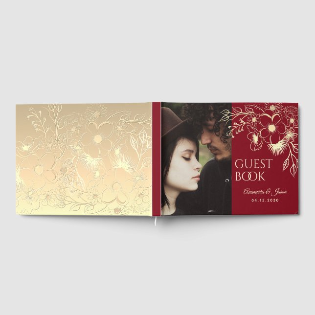 Libro De Visitas Boda Floral Foto Oro Borgoña (Lleno)