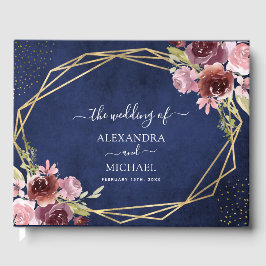 Libro De Visitas Boda Floral Geométrica Azul de la Marina de Borgoñ