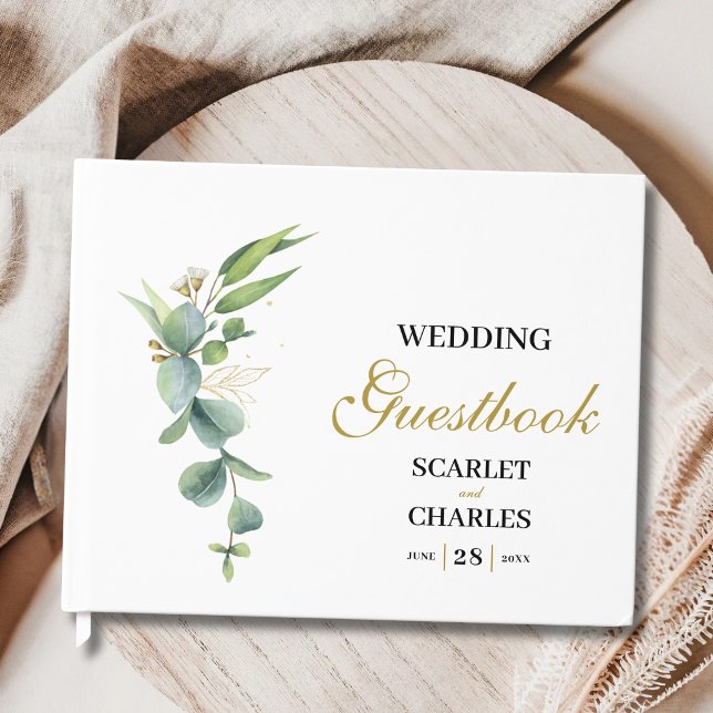 Libro De Visitas Boda floral geométrica de eucalipto (Eucalyptus greenery guest book captures heartfelt memories with modern botanical elegance.)