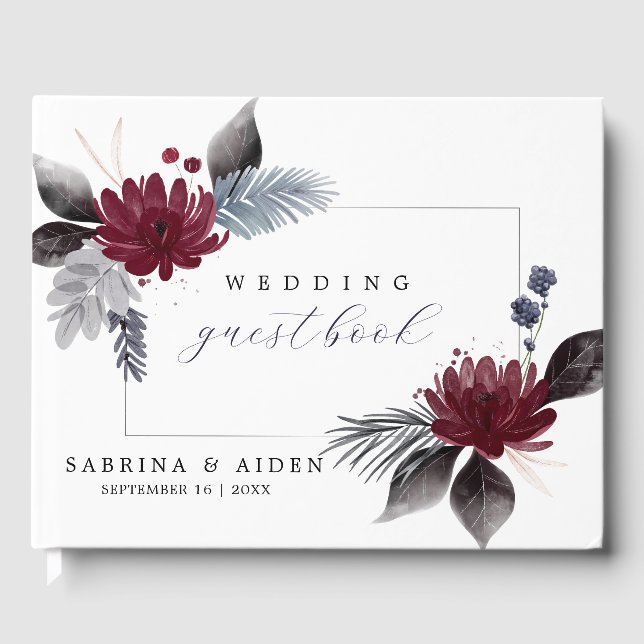 Libro De Visitas Boda floral gótica azul borgoña de la Marina (Anverso)