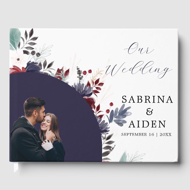 Libro De Visitas Boda floral gótica azul borgoña de la Marina (Anverso)