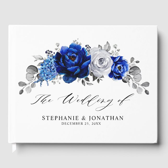 Libro De Visitas Boda floral metálico plateado azul real (Anverso)