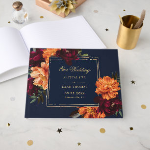 Libro De Visitas Boda floral naranja burgundy oscuro naval