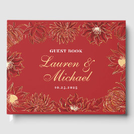 Libro De Visitas Boda floral oriental con flores de color rojo Lotu
