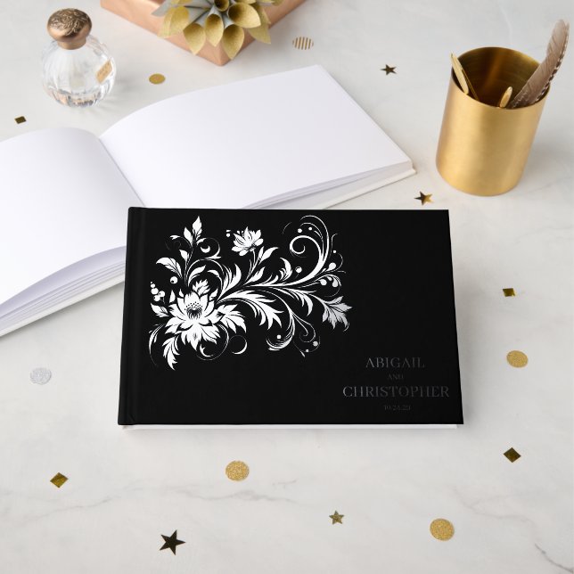 Libro De Visitas Boda floral ornamentada (Anverso Abierto)