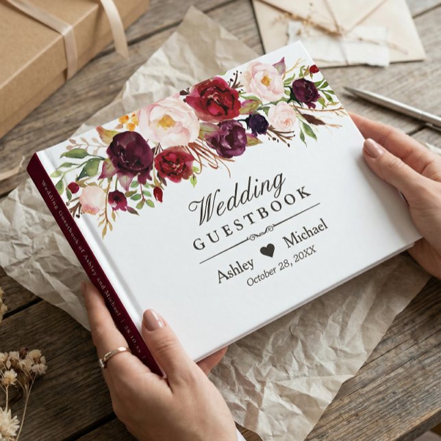 Libro De Visitas Boda Floral Otoño Rojo Borgoña Marsala (Subido por el creador)