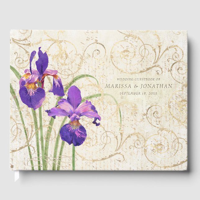 Libro De Visitas Boda Floral Purple Iris Gold Damask (Anverso)