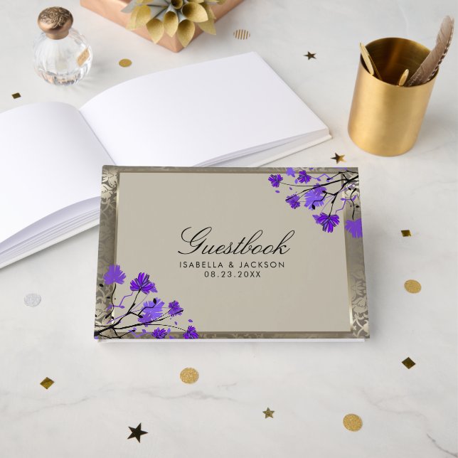 Libro De Visitas Boda Floral Púrpura y Plateado Antiguo (Anverso Abierto)