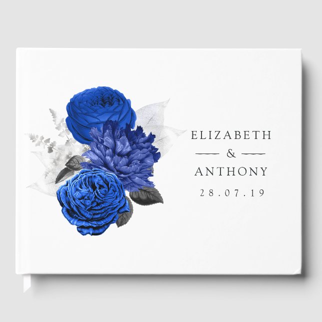 Libro De Visitas Boda floral real azul y plateado (Anverso)