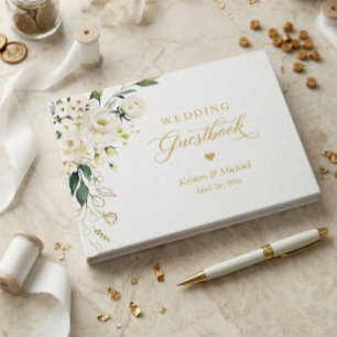 Libro De Visitas Boda Floral Rosa Blanca Textual Dorado