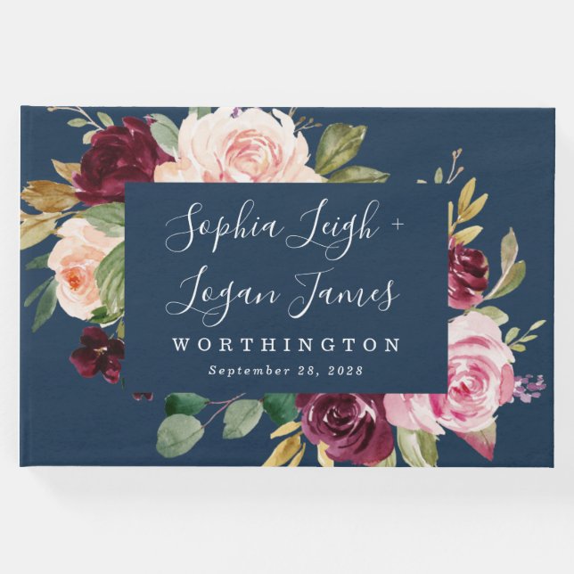 Libro De Visitas Boda floral rosada Rubor Blue Burgundy Gold (Anverso)