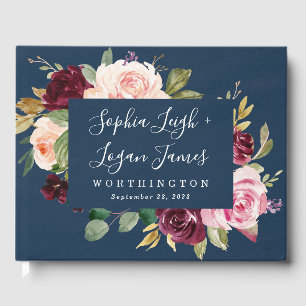 Libro De Visitas Boda floral rosada Rubor Blue Burgundy Gold