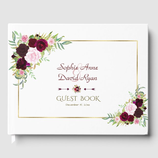 Libro De Visitas Boda floral Royal Burgundy Marsala (Anverso)