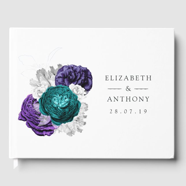 Libro De Visitas Boda floral rústica violeta y turquesa (Anverso)